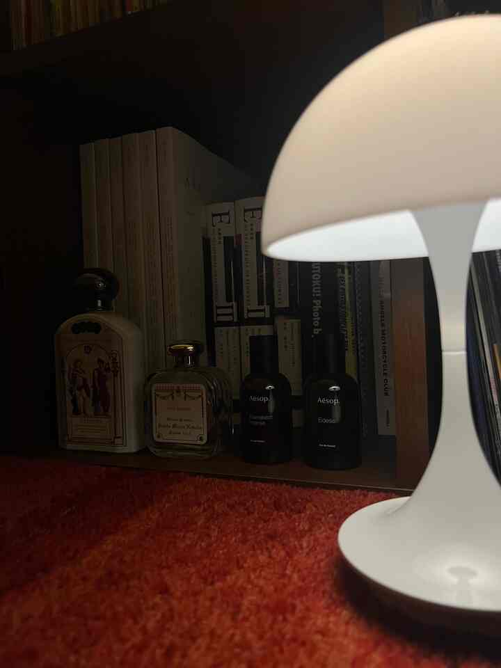最近貰ったAesopの
Eidesisが凄く気に入ってる 

#aesop  　#本棚　#照明　#ミッドセンチュリー　#一人暮らし　#香水　#洋書　#絨毯