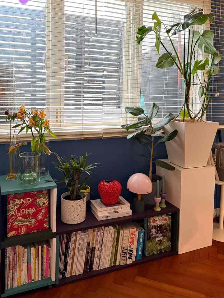 IKEAの花器には毎週、花を飾っています
棚の中にはインテリア本が沢山です
#IKEA #カラフル　#DIY棚　#花
