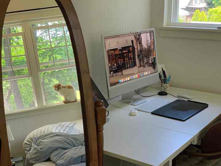 White and natural-toned bedroom and home office space featuring a cat by the window, with a large desk holding a computer and digital drawing tablet