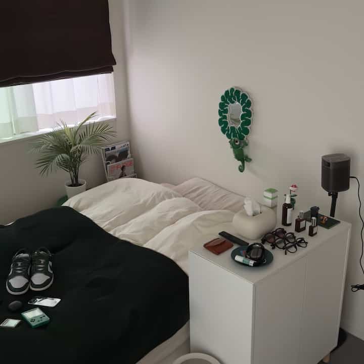Compact bedroom in white and black tones featuring a bed, nightstand, and a potted plant near the window with cozy ambiance