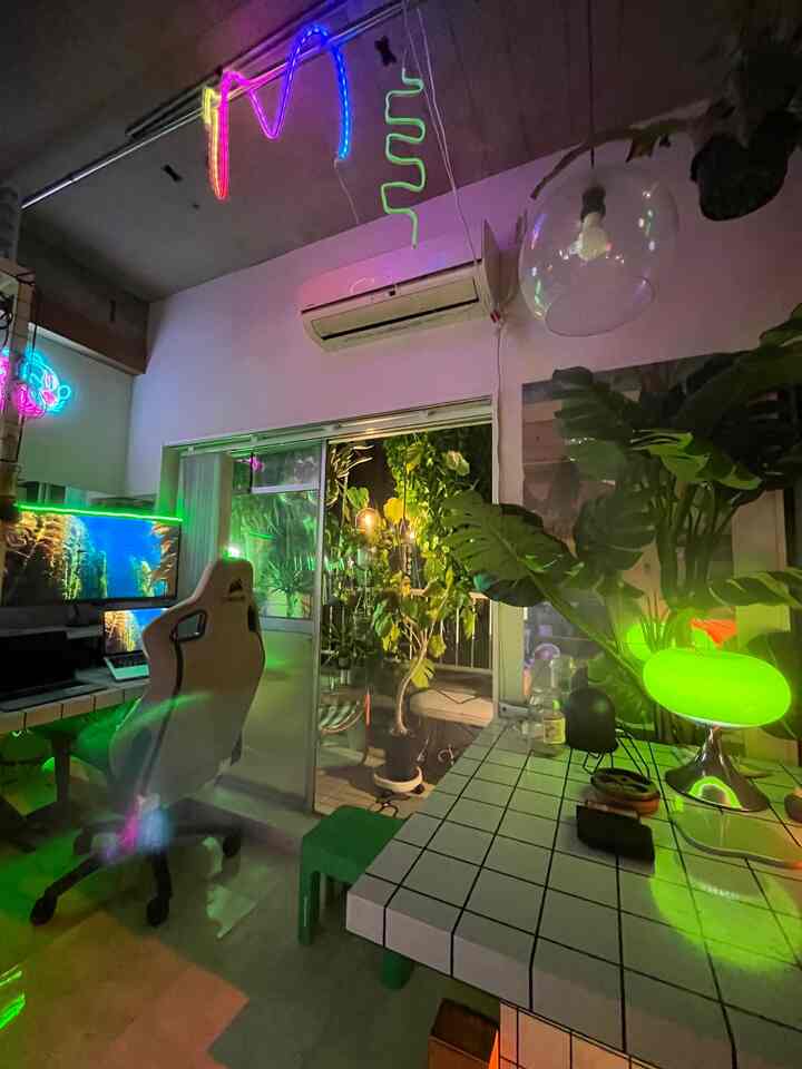 夜は鬱蒼としてます。

直射日光をフェイクグリーンで遮っているので植物は割と出しっぱなしです。虫除けの対策はベニカXです。
バルコニーでエアロバイクを漕ぐのファンがあると何かと便利デス。

#ワンルーム #賃貸インテリア #バルコニー #観葉植物 #虫対策 #リノベーション
