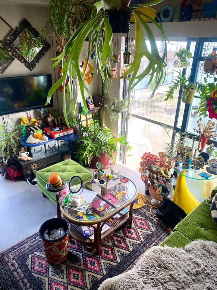 緑の植物が豊富でレトロ感あふれるリビング、ヴィンテージ雑貨と快適なソファが配置された温かみのあるインテリア