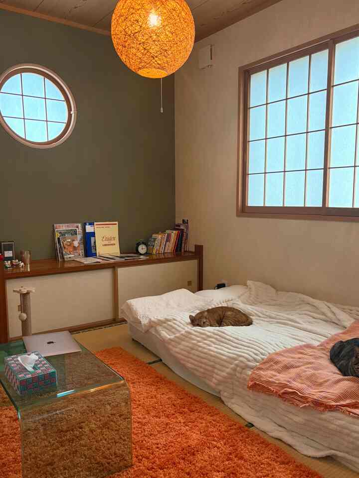 Natural-toned 6-tatami bedroom featuring orange rug and pendant light, cozy space shared with cats