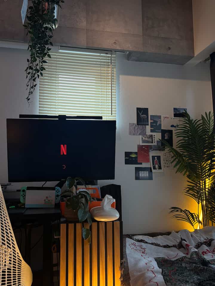 モニターをテレビ代わりにする部屋

#モニター #フェイクグリーン #吸音パネル #midcentury #japandi #ブラインド #1K #8畳