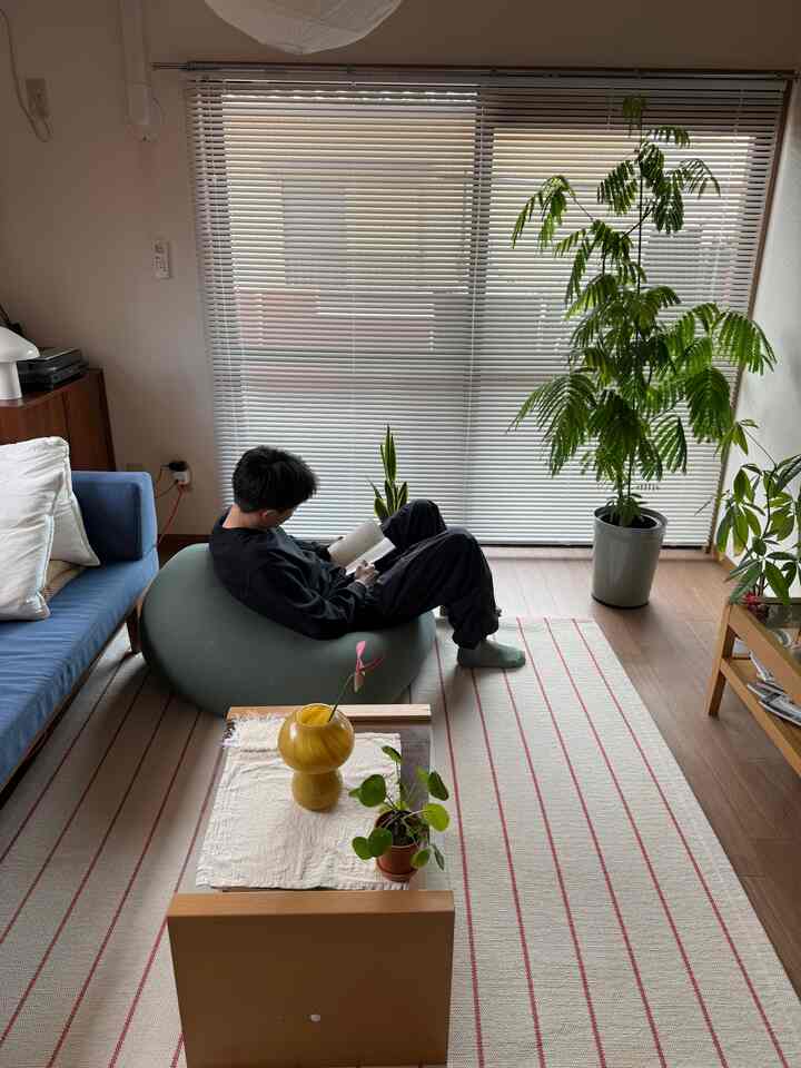 Natural toned living room featuring a bean bag sofa, sofa, blinds, and plants with a cozy, calm atmosphere