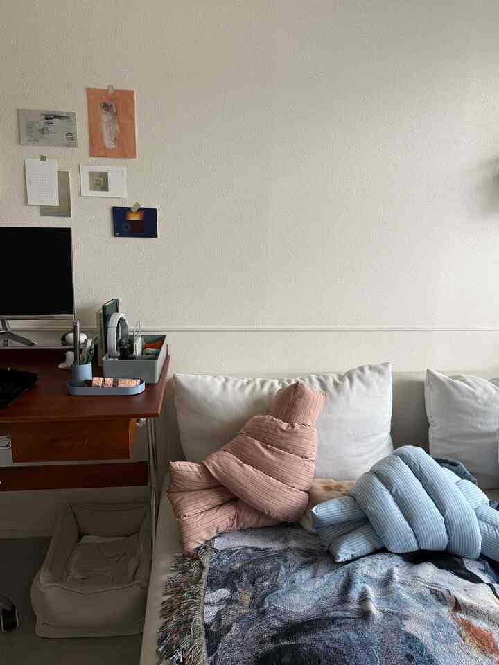 White and wood-toned living room featuring a sofa, desk, cushions, and throw with a cozy atmosphere