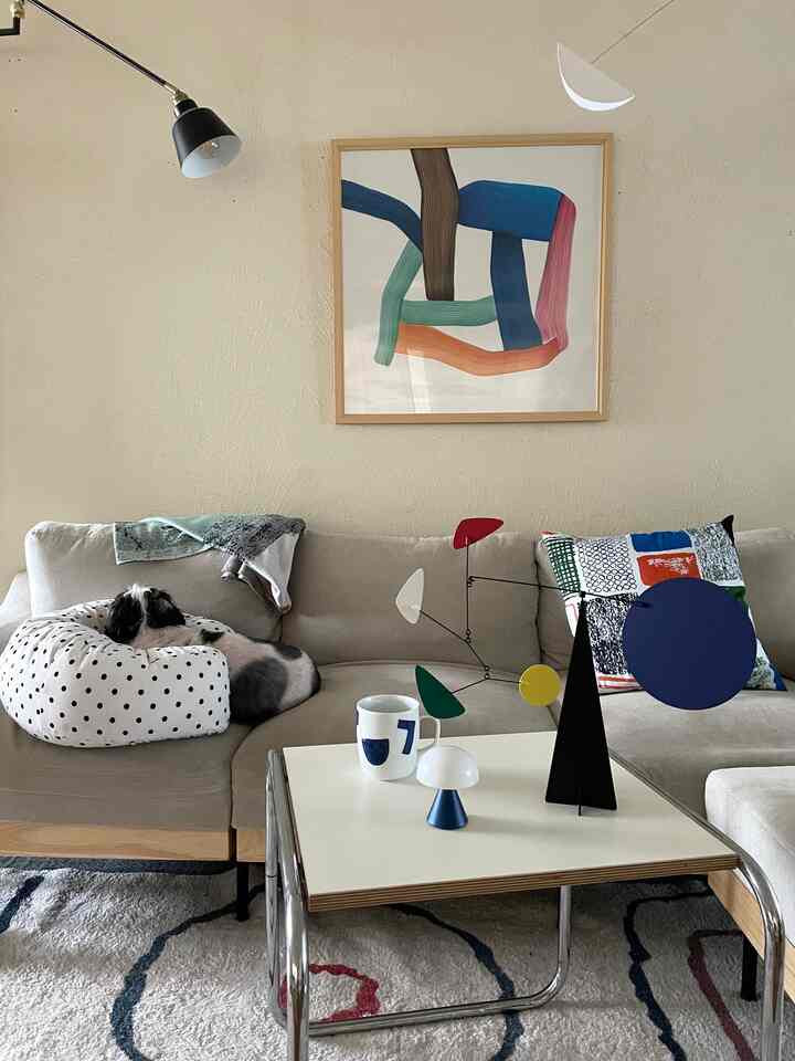 Beige-toned living room sofa area featuring a dog resting on a polka dot pet bed with Mid-Century Modern decor