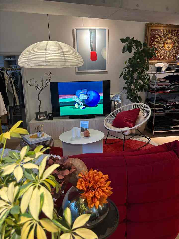Studio apartment living room featuring a red sofa, white furniture, posters, and plants with a cozy atmosphere