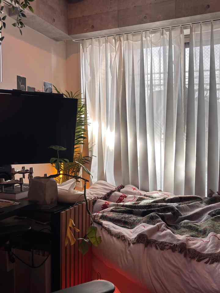 朝の木漏れ日☀️
バーチカルブラインドにしてから部屋が広く感じるようになった

#バーチカルブラインド #ラグ #ベッド #パーテーション #テーブルランプ