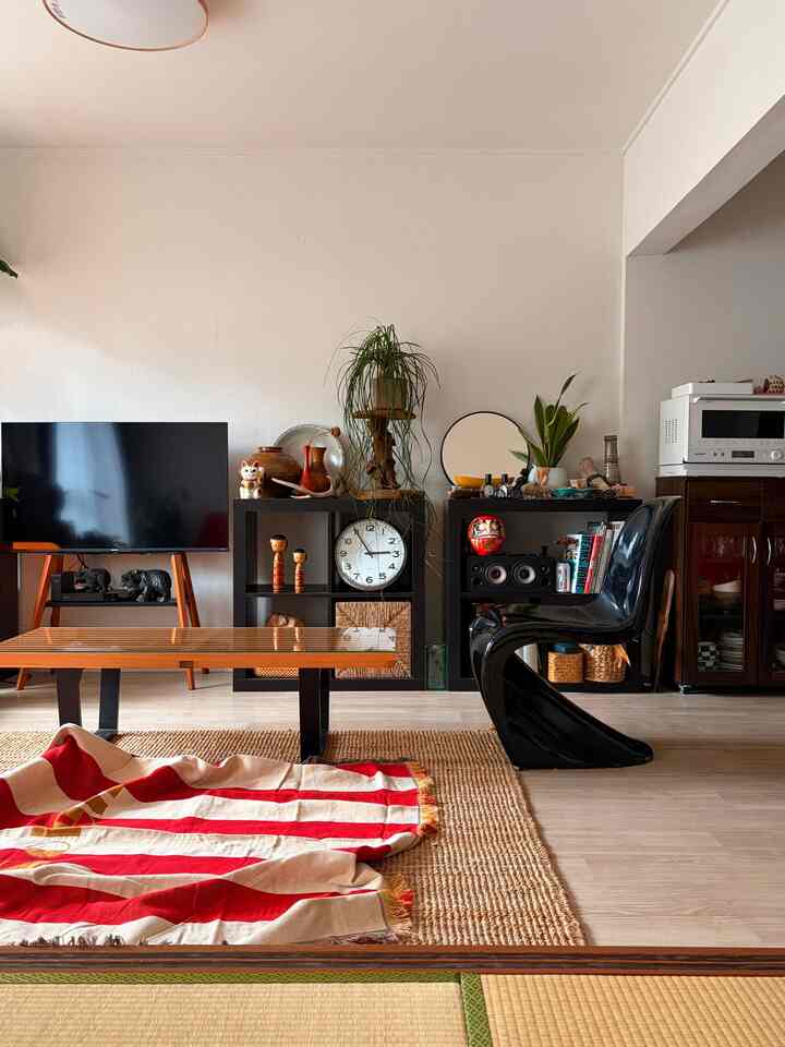 Beige and black toned living room featuring bookshelves, plants, and TV with a modern natural atmosphere