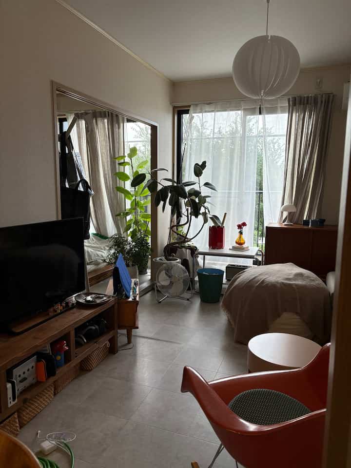 A natural-toned compact living room featuring a mid-century style armchair and plants creating a cozy atmosphere
