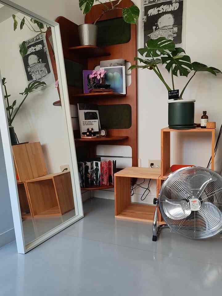 温かみのあるブラウン色と緑の植物が調和するコーナー収納、モダンな雰囲気を持つシルバーの扇風機と大型ミラーが配置された清潔感のある部屋