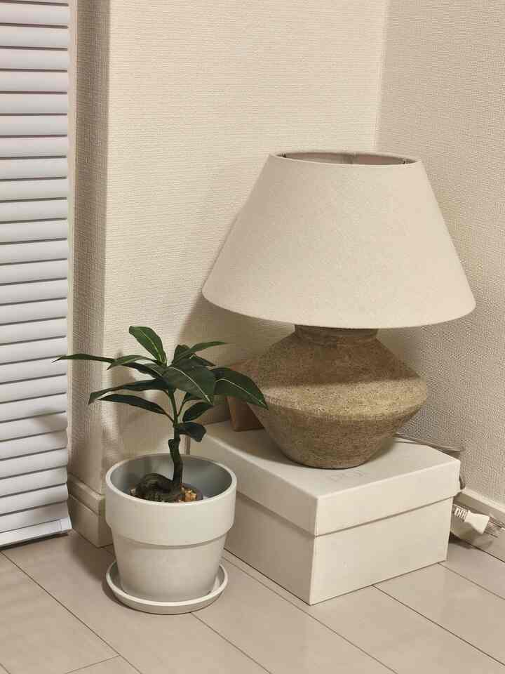 ナチュラルカラーのコーナーに配置されたベージュのテーブルランプと小さな観葉植物があるミニマルな空間