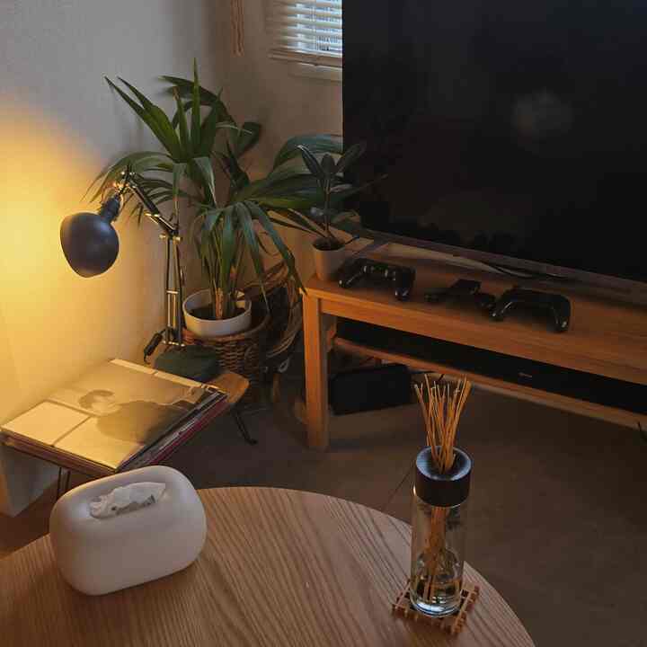 温かみのあるナチュラルカラーのリビング、木製のテレビ台とローテーブル、ゲームコントローラーと植物が配置された落ち着いた空間