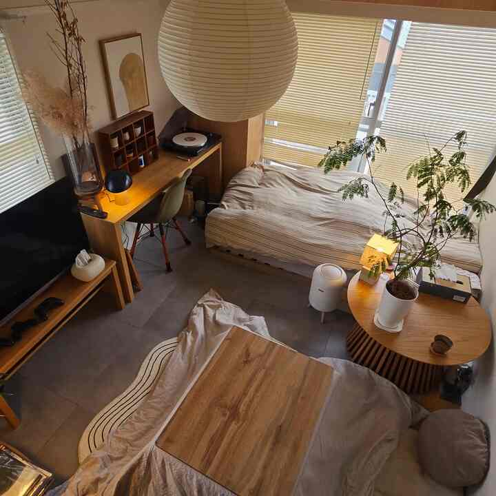 Light brown wood-toned studio apartment living and bedroom featuring simple Nordic furniture and large windows creating a bright atmosphere