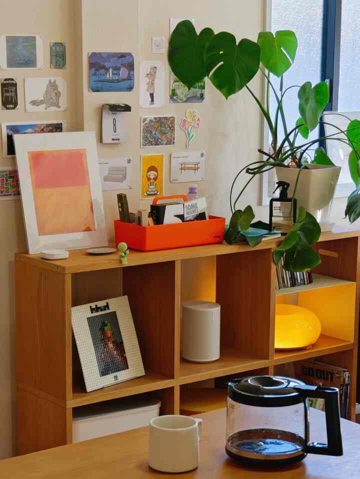 ナチュラルな色調のリビング、木製の棚と大きな観葉植物、鮮やかなオレンジの収納ボックスが配置された雰囲気のあるインテリア