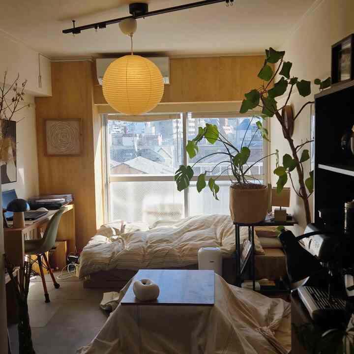 ベージュとナチュラルカラーの一人暮らし寝室、ペンダントライトと植物が配置された雰囲気のあるインテリア