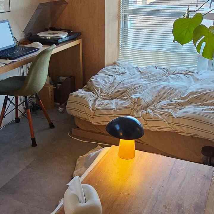 Natural wood tone and beige bedroom featuring a desk and nightstand in a cozy single household space