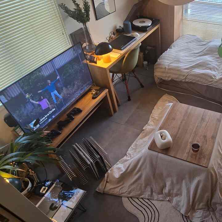 ナチュラルな木目調とグレーのワンルーム寝室、ワイヤー本棚やテレビ台、テーブルランプが配置されたミッドセンチュリーモダンな雰囲気のインテリア