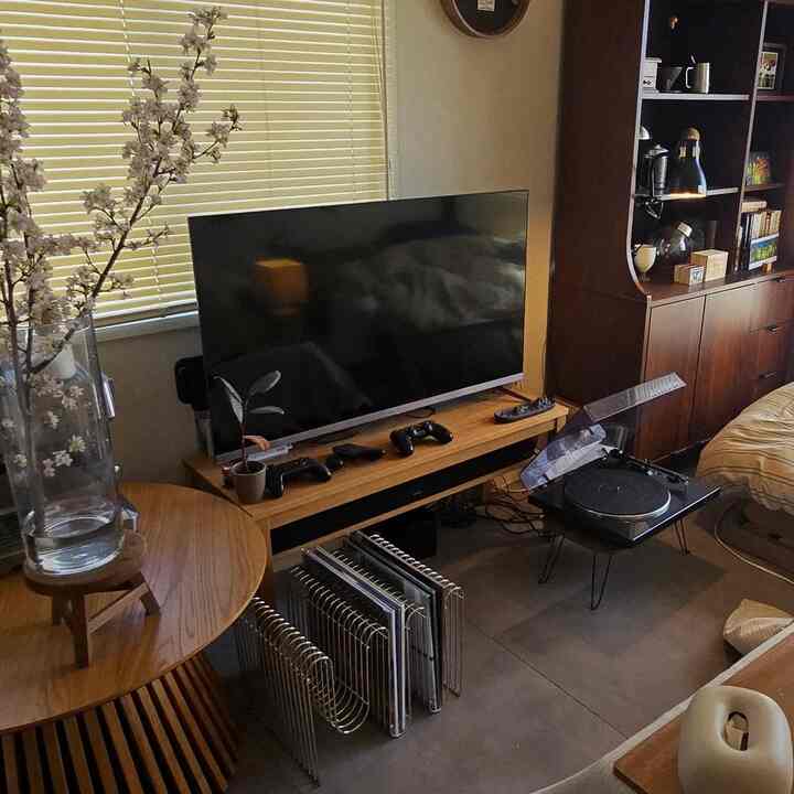 木目調とシルバーのアクセントがあるリビング、ミッドセンチュリーモダンスタイルのワイヤーラックにレコードを収納した雰囲気のあるインテリア