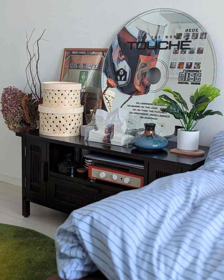 Living room with blue striped sofa and black console table featuring natural decor items and a green plant, reflecting Korean interior style