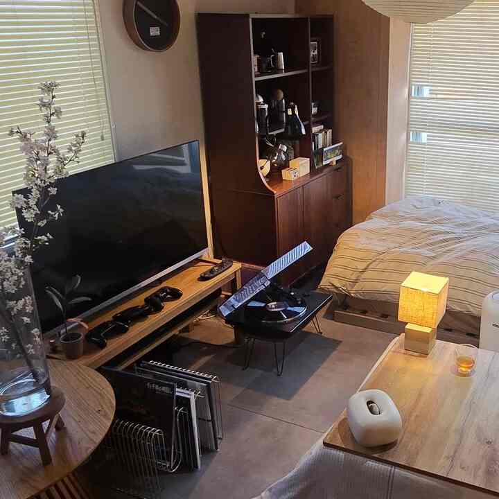 ナチュラルな色調の円形の部屋、リビングと寝室が一体となった空間にベッド、テレビ台、キャビネット、ターンテーブルが配置された印象的なインテリア