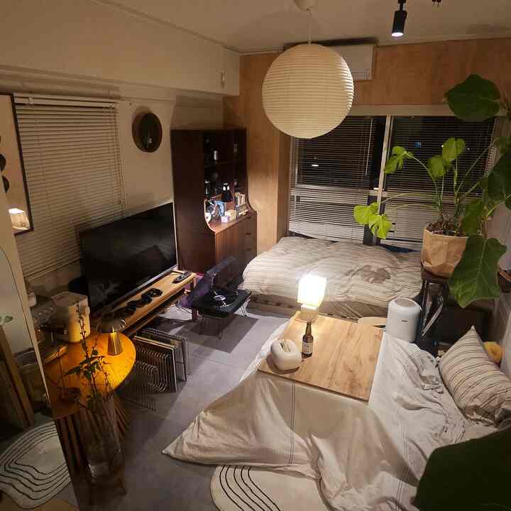 A cozy studio apartment living-bedroom featuring beige and wood tones, sofa, coffee table, large blinds, and a round pendant light