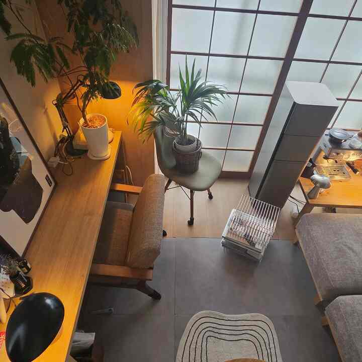 ベージュとグレーの落ち着いた色調のリビング、自然素材の家具と緑の植物が配置された雰囲気のあるインテリア