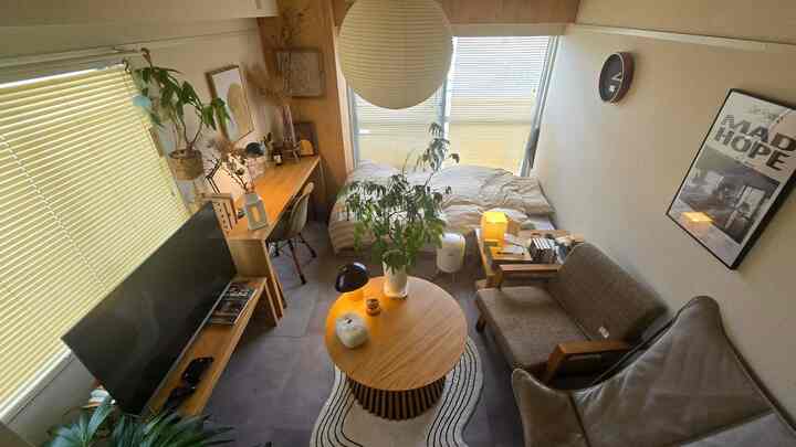 温かみのある木目調と植物が調和したリビング、ソファとコーヒーテーブルが配置された自然な雰囲気の空間