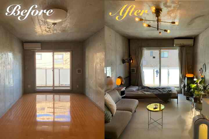 ゴールドの照明が映えるナチュラルモダンな寝室、コンクリートの壁とシンプルなソファ、植物が配置された雰囲気のあるインテリア