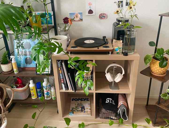 ナチュラルな木目調と緑の植物が配された、レコードプレーヤーとコーヒー機器のある落ち着いたホームカフェ空間