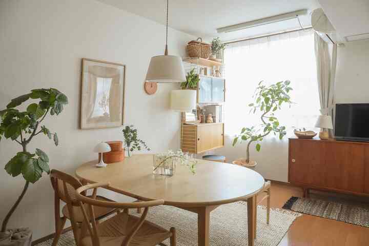 ナチュラルな色調のリビングとダイニング空間、木製のダイニングテーブルと椅子、緑の植物が配置された雰囲気のあるカフェ風インテリア