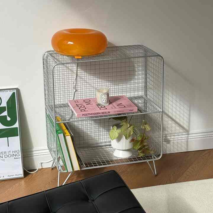 シルバー スタンド付き スチールメッシュ ワイド2段ラック