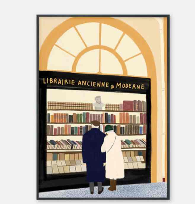 パリの古い書店の前で寄り添う老夫婦 ポスター