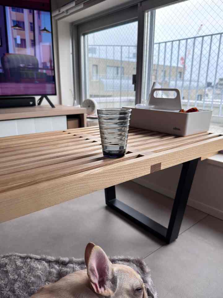 暖かみのある木目調のテーブルとくつろぐ犬がある居心地の良いリビング