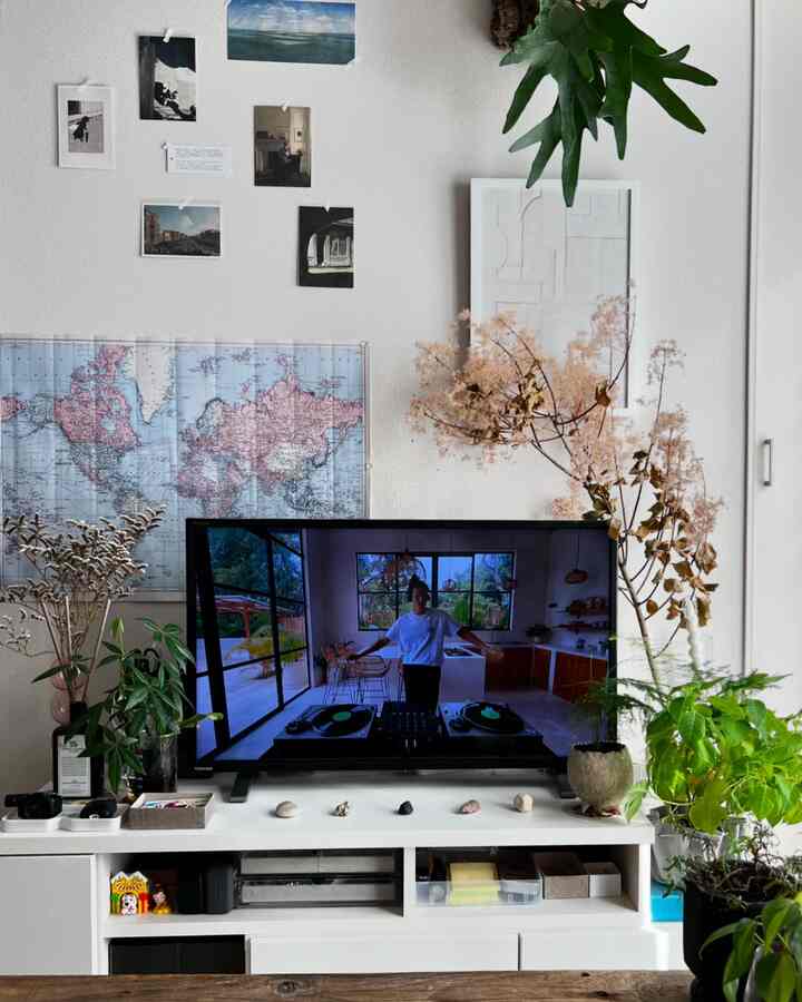 白を基調としたリビング、テレビや多様な観葉植物、壁にポスターと額縁が配置された雰囲気のあるインテリア