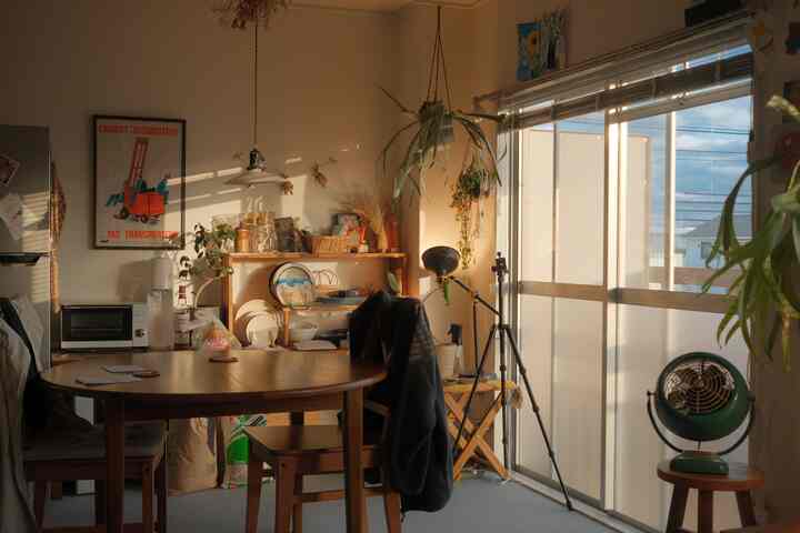 Warm light brown wood tone dining room with plants, featuring a round table at center under low ceiling, presenting a natural atmosphere