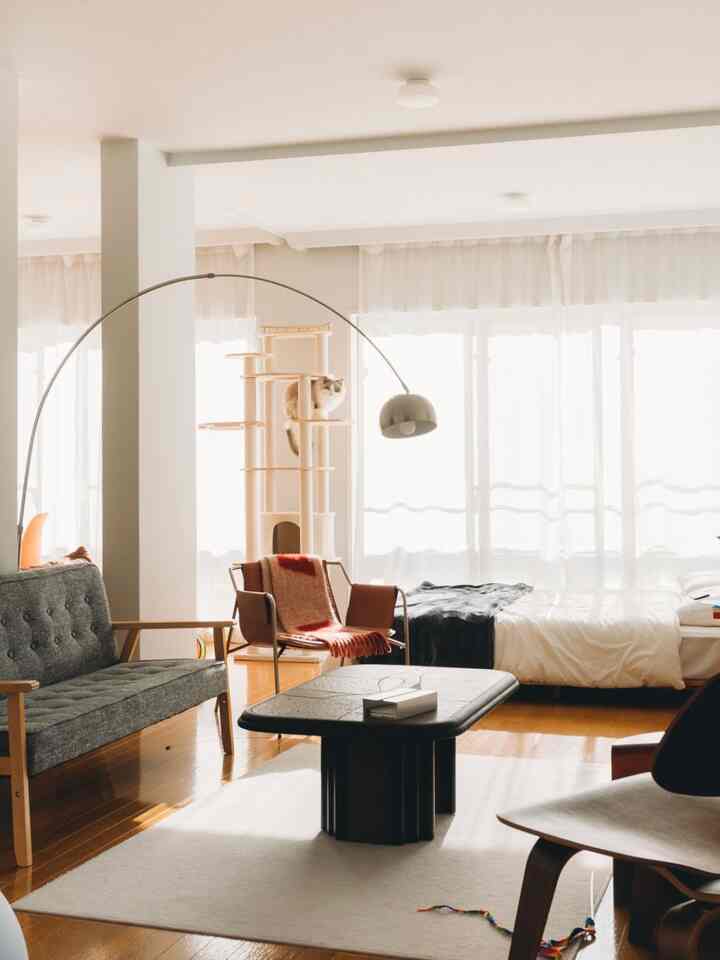 Bright living room with white walls, wood tone floors, gray sofa, armchair, and a cat tower creating a natural atmosphere