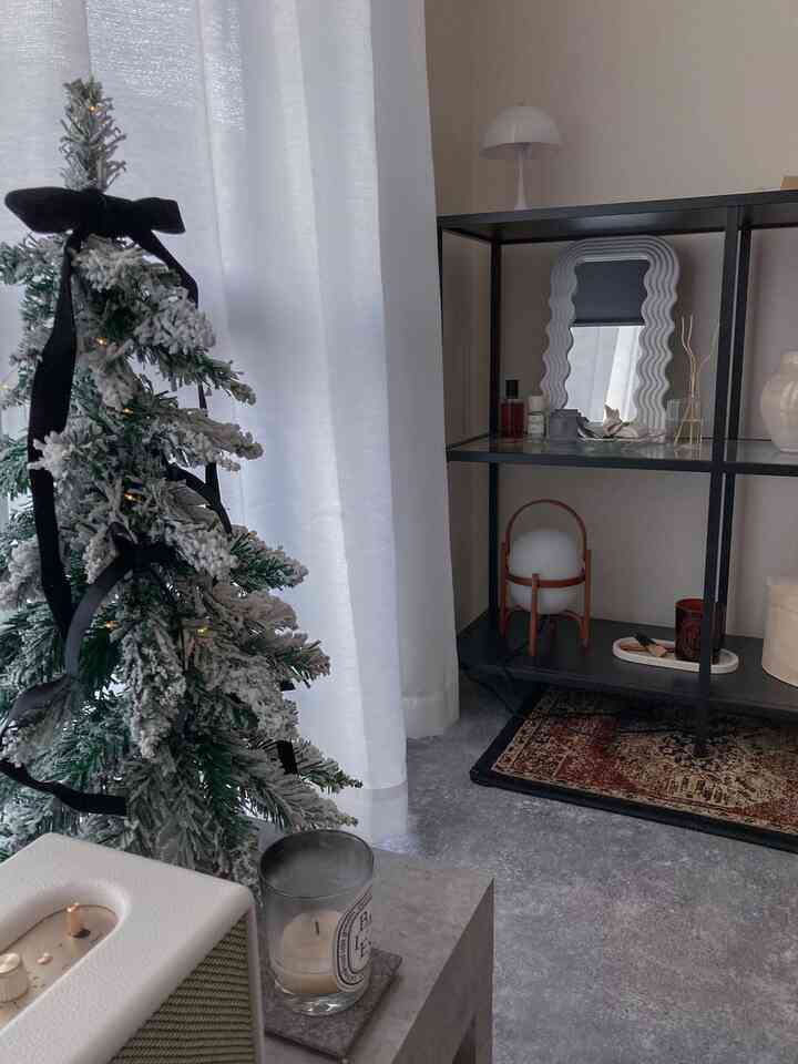 Monotone and white toned single household living room featuring a snowy Christmas tree and simple shelving unit