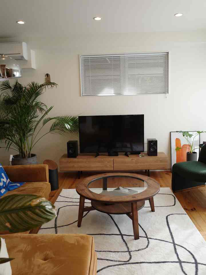 Natural wood tone living room featuring a round coffee table, TV stand, and lush plants creating a cozy atmosphere