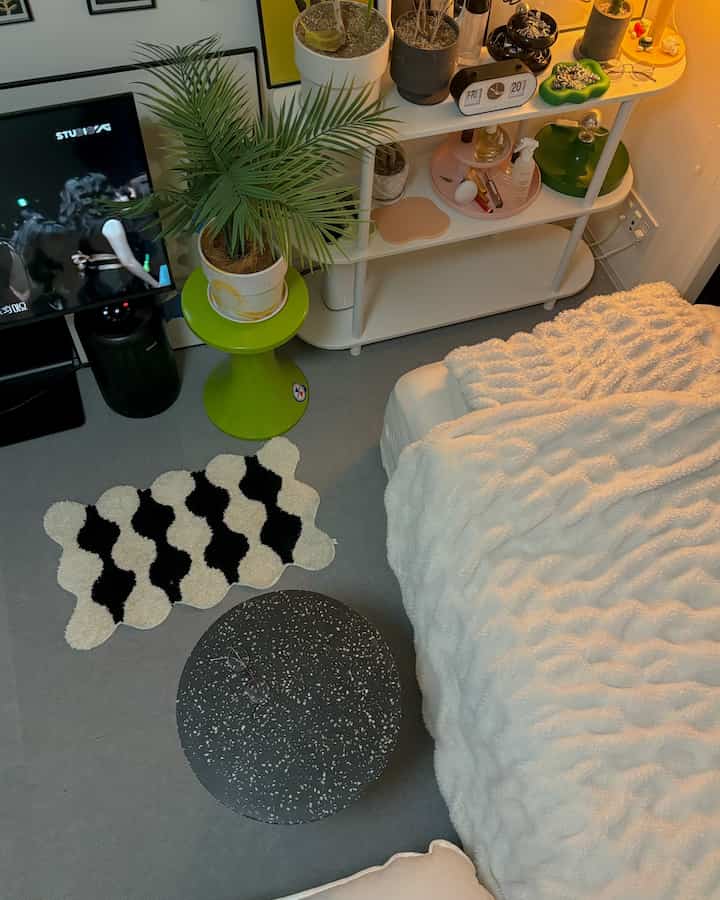 Monotone bedroom with gray flooring, white bed, black and white rug, and a green plant in a compact 8-tatami space
