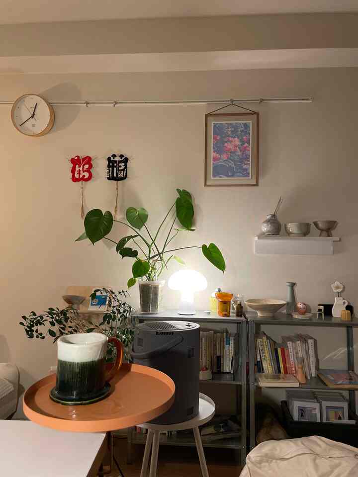 ナチュラルな色調の壁と植物が配置された一人暮らしのワンルーム、棚とテーブルランプが調和した雰囲気のあるインテリア