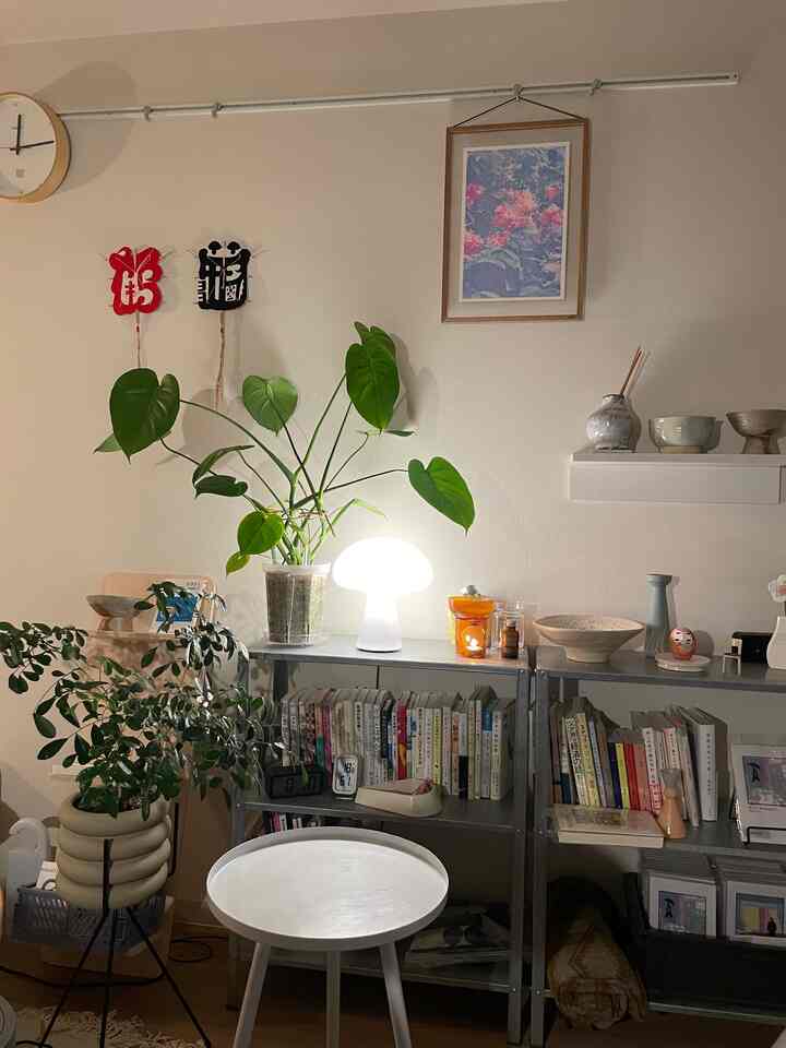 明るいホワイトとナチュラルトーンのワンルーム、テーブルランプと本棚が配置された居心地の良いインテリア