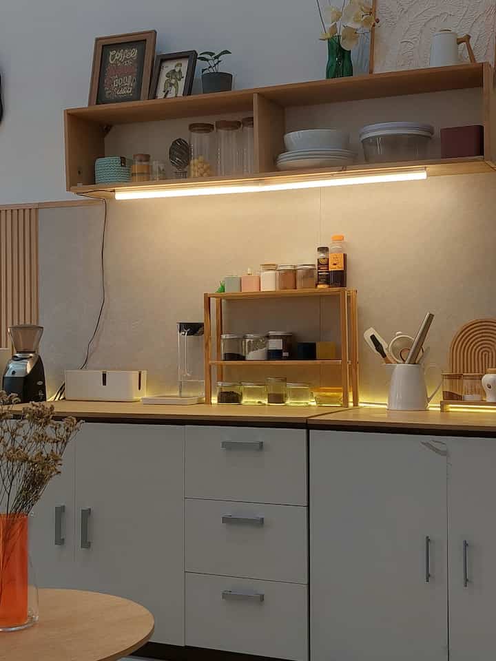 Actually, this is a kitchen extension area that is integrated with the living room. The original kitchen was in the next room, but because the area wasn't big enough, it was added to this part.
I really like the spacious kitchen area with lots of extra light. Even though I rarely cook, I still often use this kitchen as a place to make crafts and DIY 😊🙏 
#MyDreamKitchen
#KitchenDecorIdeas
#KitchenAesthetic
#KitchenLighting
#minimalist kitchen