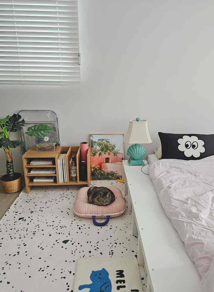 White and wood-tone bedroom featuring pink bedding and a cat on a patterned rug, creating a cozy atmosphere