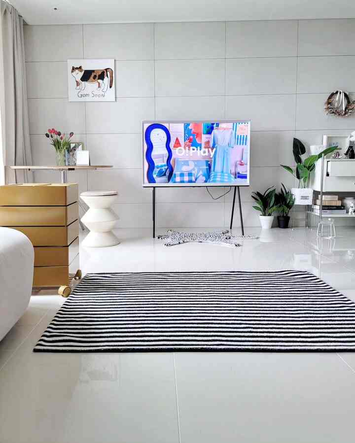White-toned living room featuring a TV on a black stand, striped rug in foreground, plants, and a cat wall art with a simple modern vibe