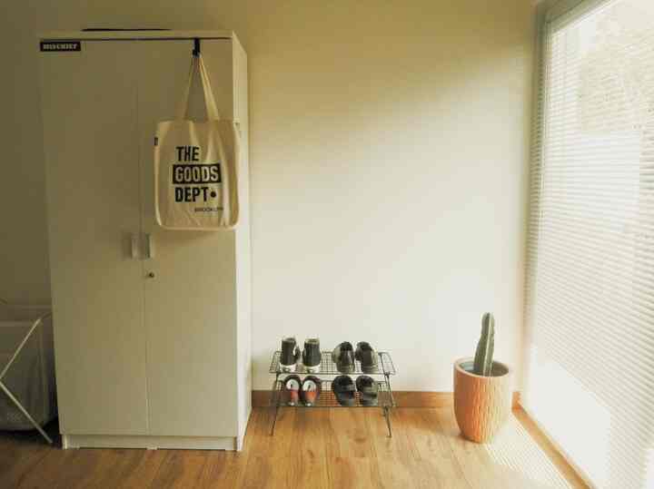 White and wood tone small room featuring a closet and shoe rack with a minimalist atmosphere