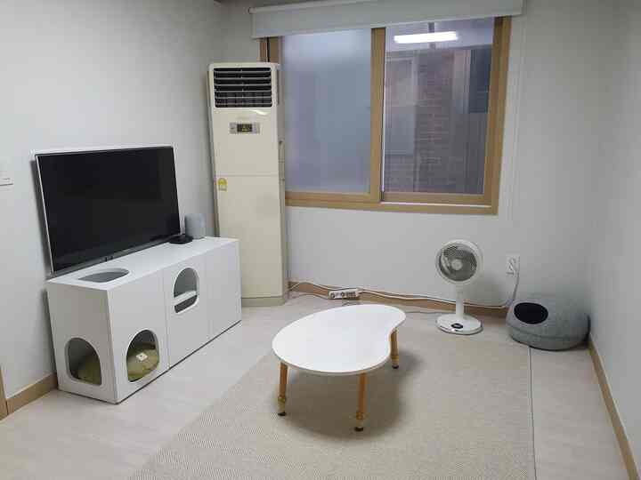 ホワイトとベージュの色調のリビング、キャットタワー兼収納家具とグレーのペットハウス、ラグとサーキュレーターが配置された雰囲気のあるインテリア