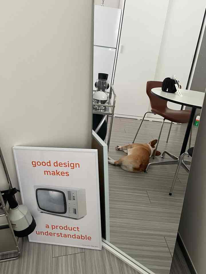 White and brown toned living room space featuring a large mirror, Mid-Century Modern furniture, and a dog lying on the floor