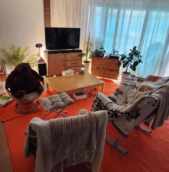 オレンジ色のラグとラタン家具、植物が配置された温かみのある秋の雰囲気のリビング